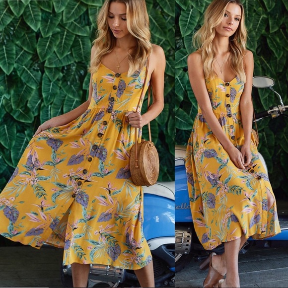 Tropical Floral Print Button Down Midi Dress - Picture 2 of 7